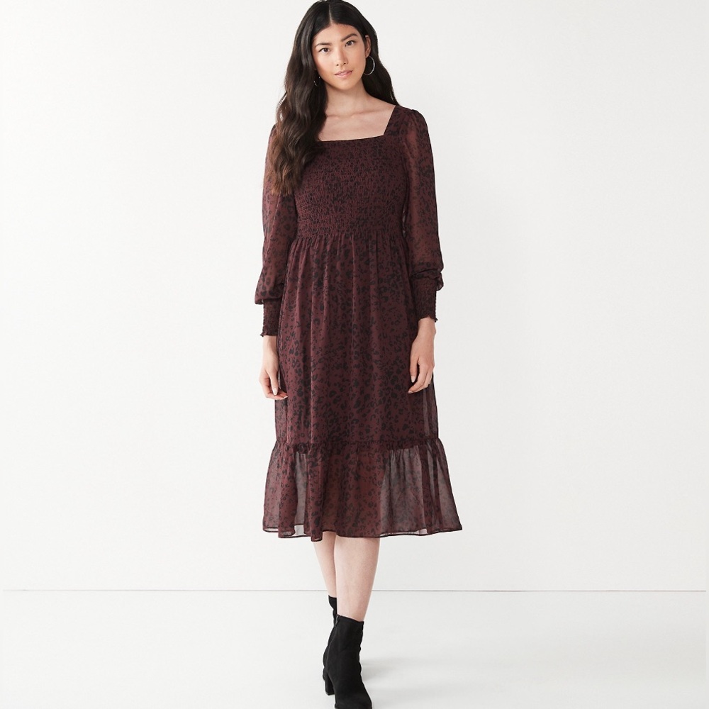 Nine West Long Sleeve Smocked Animal Print Midi Dress Women’s Size M Brown
